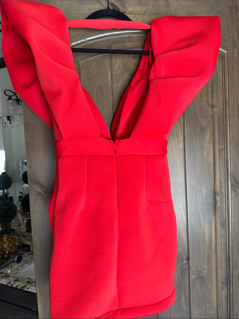 Red Plunge Mini Dress with Statement Shoulders
